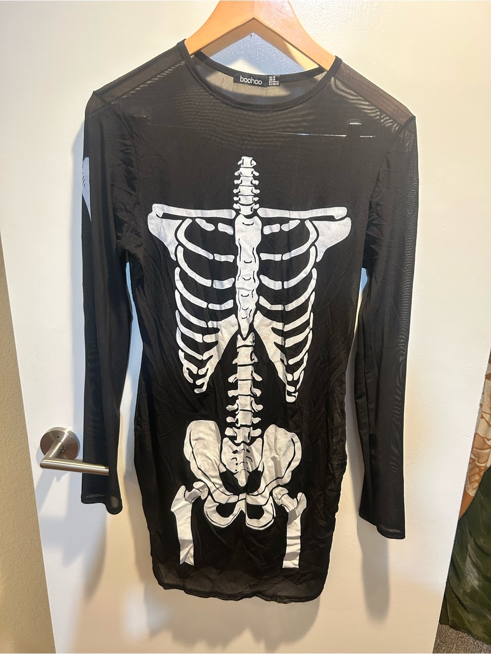 Boohoo Black Long-Sleeve Mesh Dress with White Skeleton Graphic